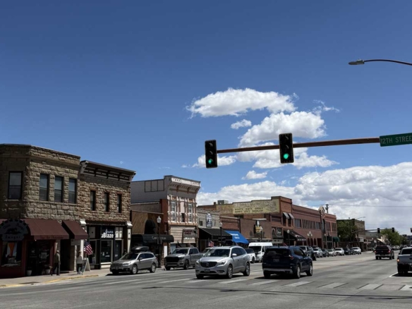 Historic and modern neighborhoods in Cody, Wyoming with mountain views and residential homes