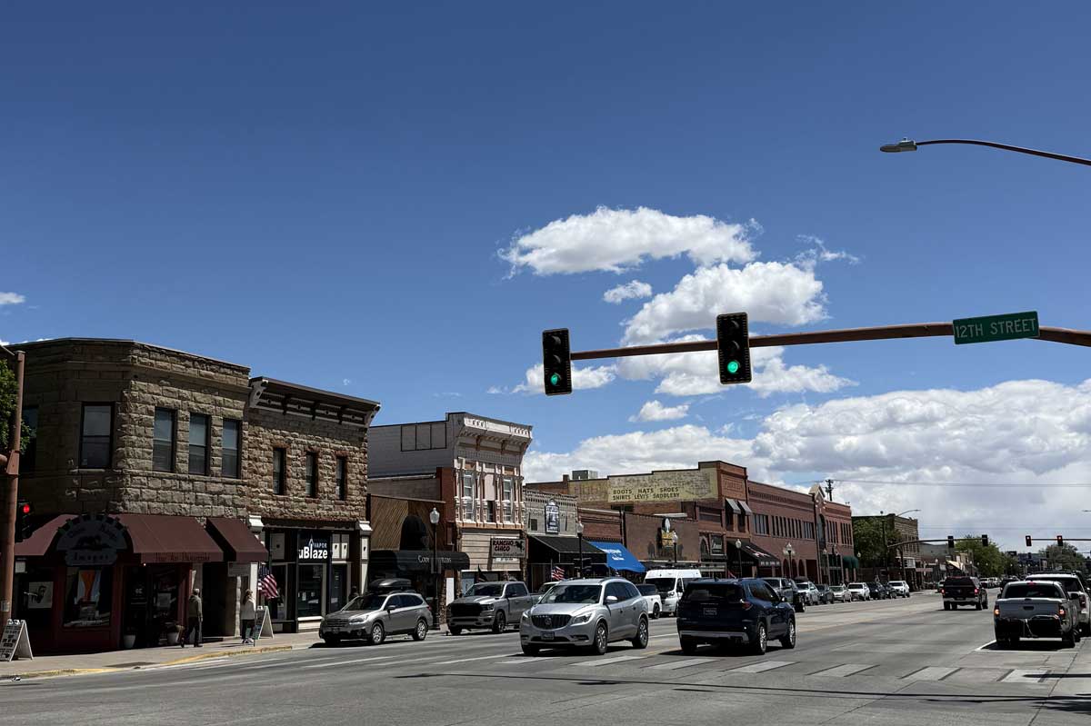Historic and modern neighborhoods in Cody, Wyoming with mountain views and residential homes
